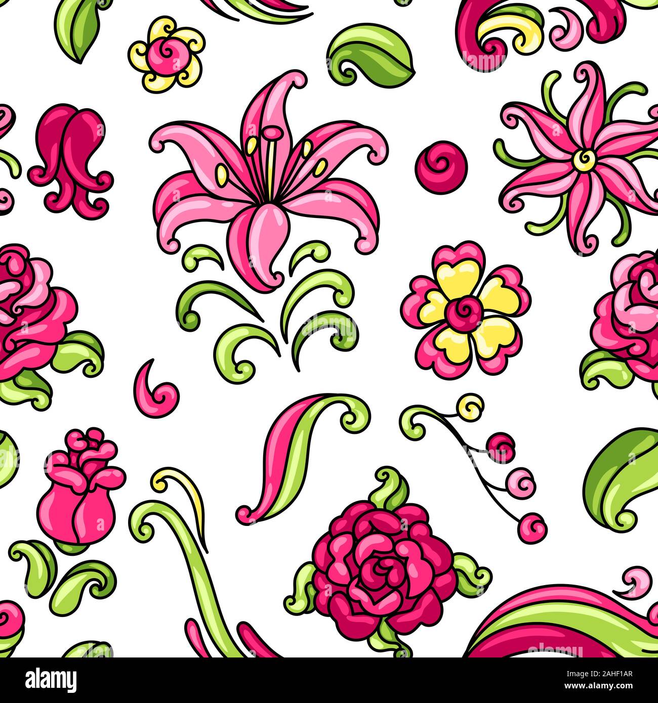 Seamless pattern with roses and lilies. Stock Vector