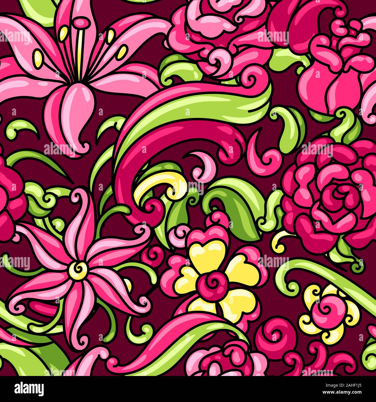 Seamless pattern with roses and lilies. Stock Vector