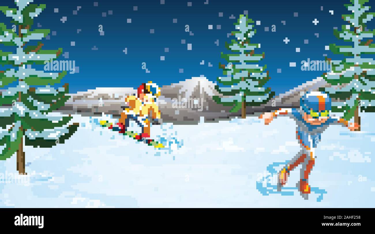 Scene with people doing winter sports in the field illustration Stock