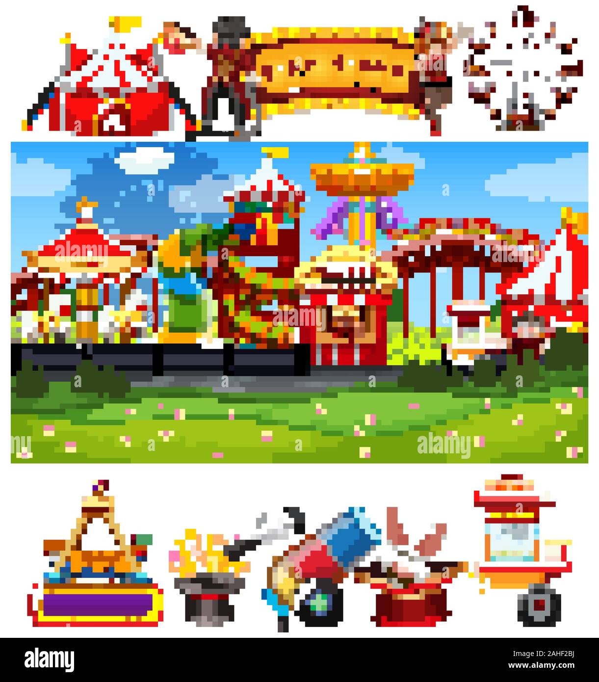 Themepark scene with many rides on white background illustration Stock ...