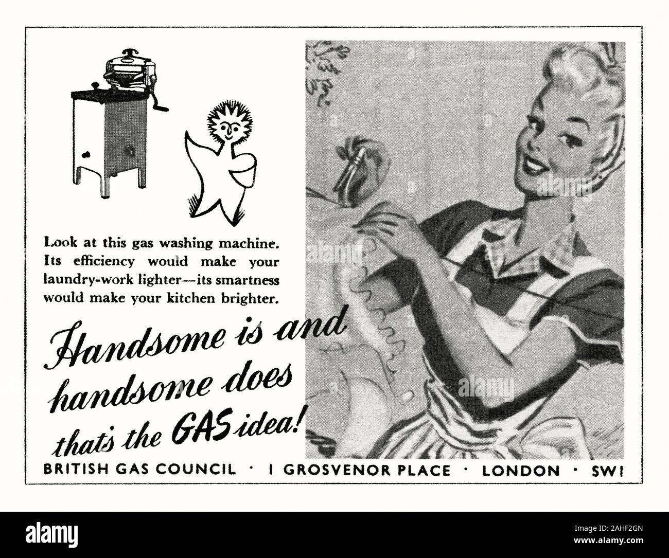An advert for British Gas Council gas-powered washing machine – it appeared in a magazine published in the UK in 1946. The illustration shows a happy housewife hanging out her washing. Also featured is the Mr Therm marketing character, a symbol adopted by the British gas industry. Before widespread electricity use clothes washers were often gas or petrol driven. The first automatic washer arrived in 1937. The automatic electric machine soon became the norm although propane gas washing machines are still available for those living 'off grid'. Stock Photo