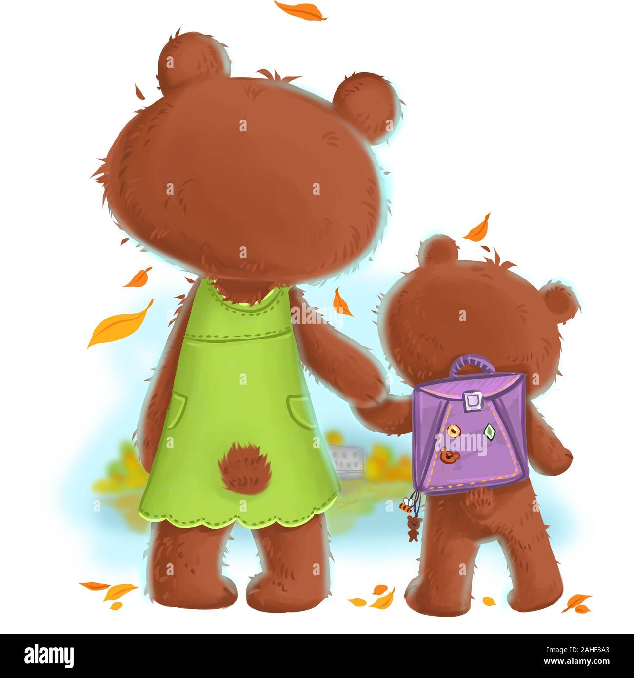 Bear mother with kid. First day at school Stock Photo