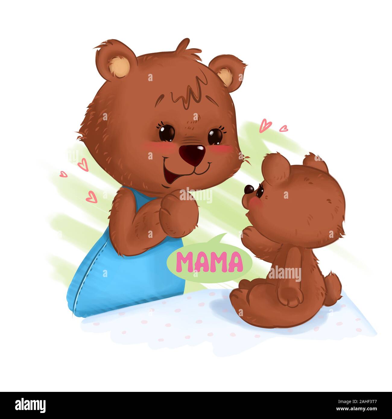 Bear mother smiling listern first word her baby cub Stock Photo