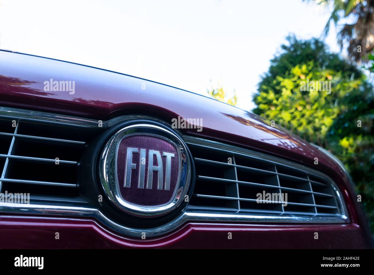 the emblem of the FIAT car brand on the front of a car Stock Photo