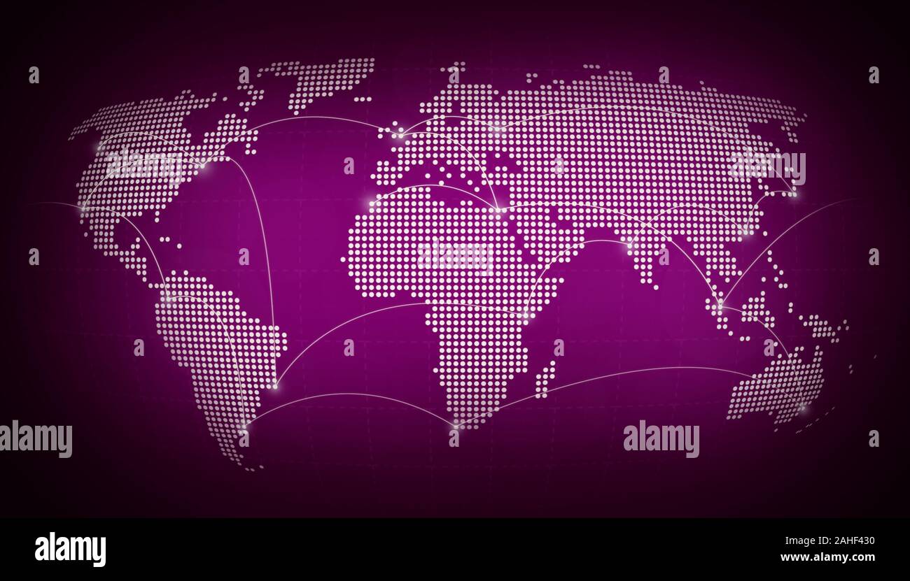 Dotted world map with flight paths connecting highlighted cities. Blurred dark purple background. High resolution concept photo of globalization. Stock Photo