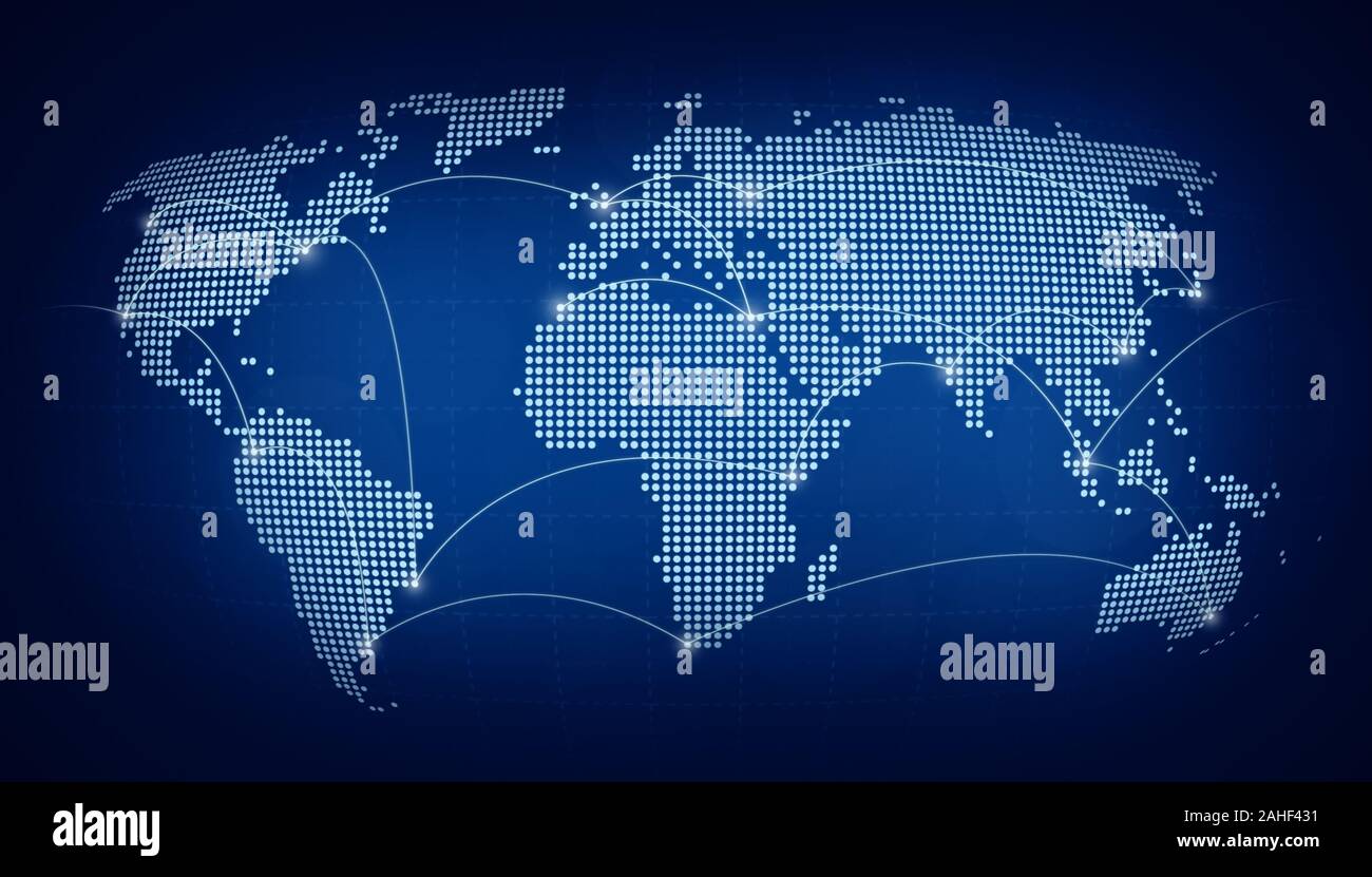 Dotted world map with curving lines or flight paths connecting cities. Blurred dark blue background. High resolution concept photo of globalisation. Stock Photo