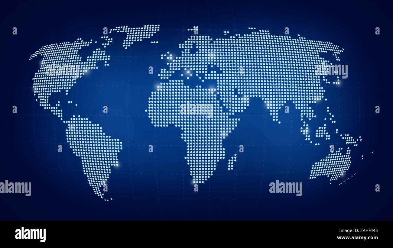 Dotted world map with some highlighted cities on blurred dark blue background. High resolution abstract illustration. Stock Photo