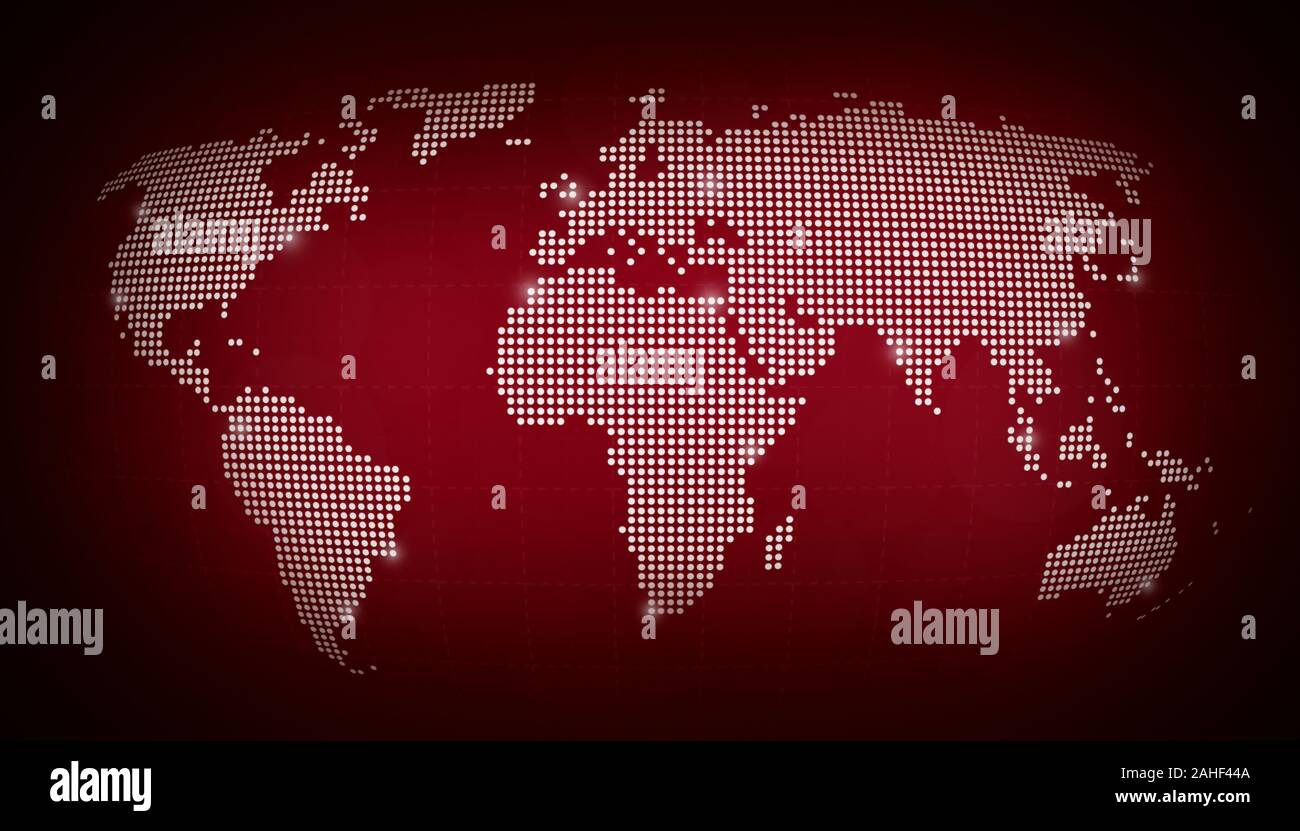 Dotted world map with some highlighted cities on blurred dark red background. High resolution abstract illustration. Stock Photo