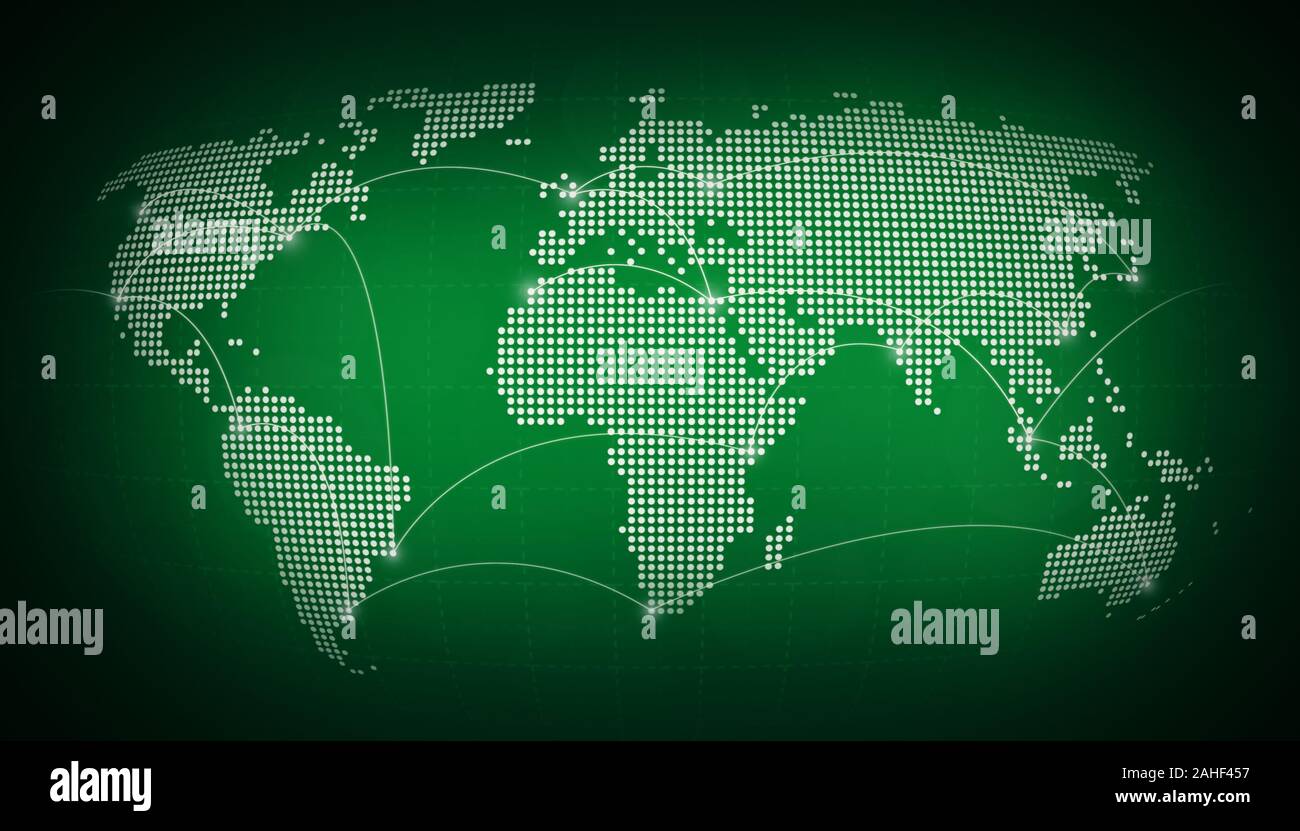 Dotted world map with flight paths connecting highlighted cities. Blurred dark green background. Concept image of of globalization and traveling. Stock Photo