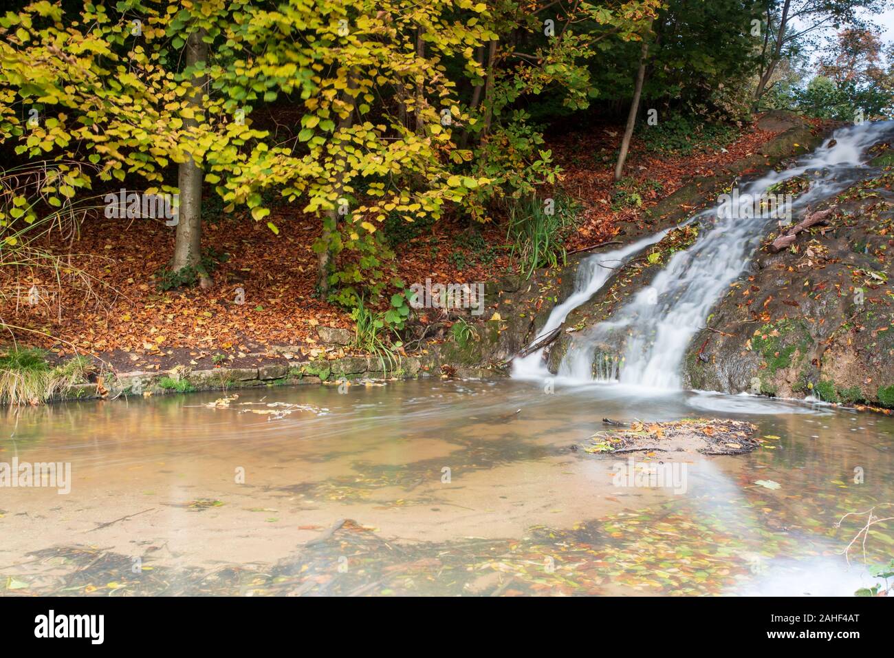 Overflow Waterfall Autumn colours in Baggeridge Park near Himley Hall Stock Photo