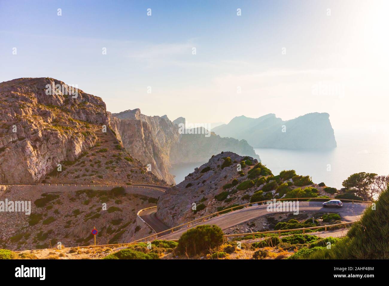 Sunset in the rocky mountains of Formentor on Mallorca on the road to Cap de Formentor Stock Photo