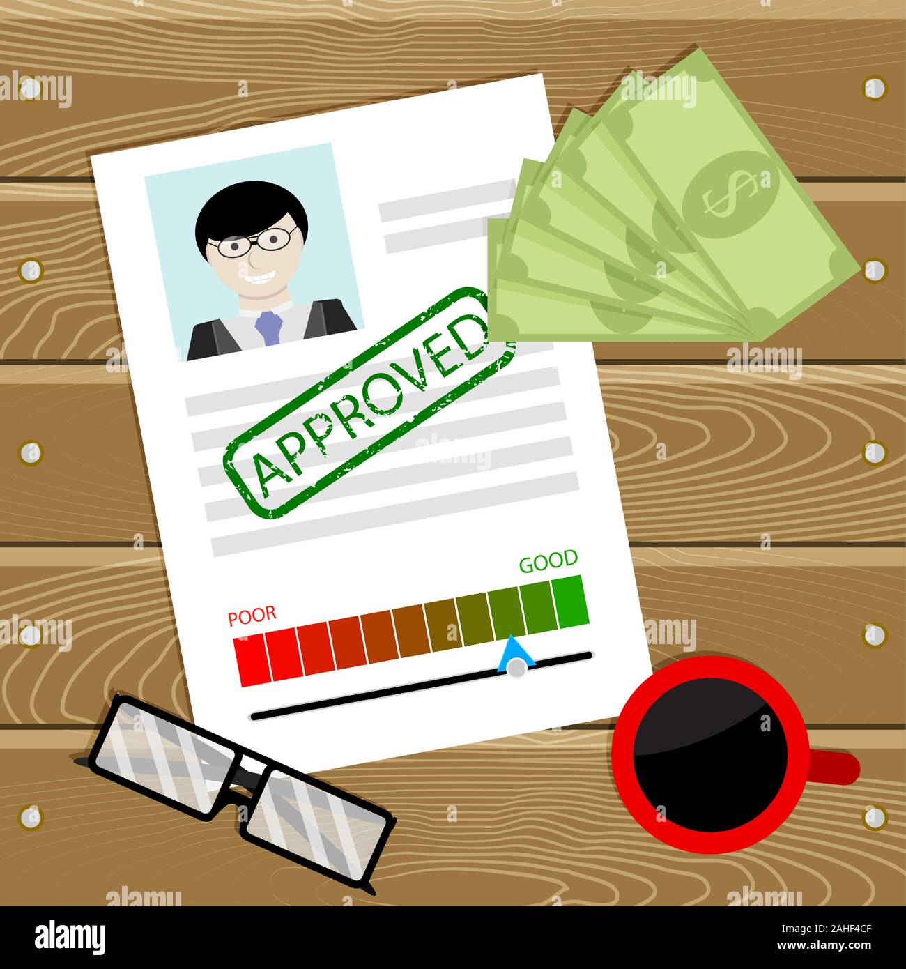 Aprproved cash credit. Good credit history, paying cash successful, applicant with approve document illustration Stock Vector