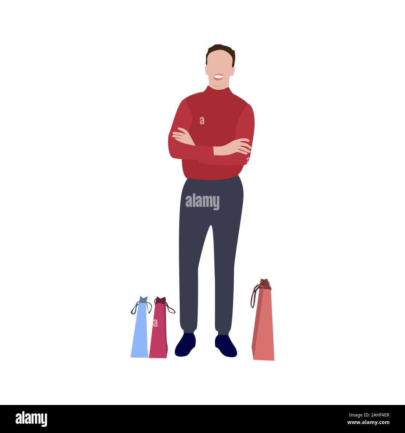 Man with packets after shopping. Guy satisfied wait with purchase isolated on white background. Vector illustration Stock Vector