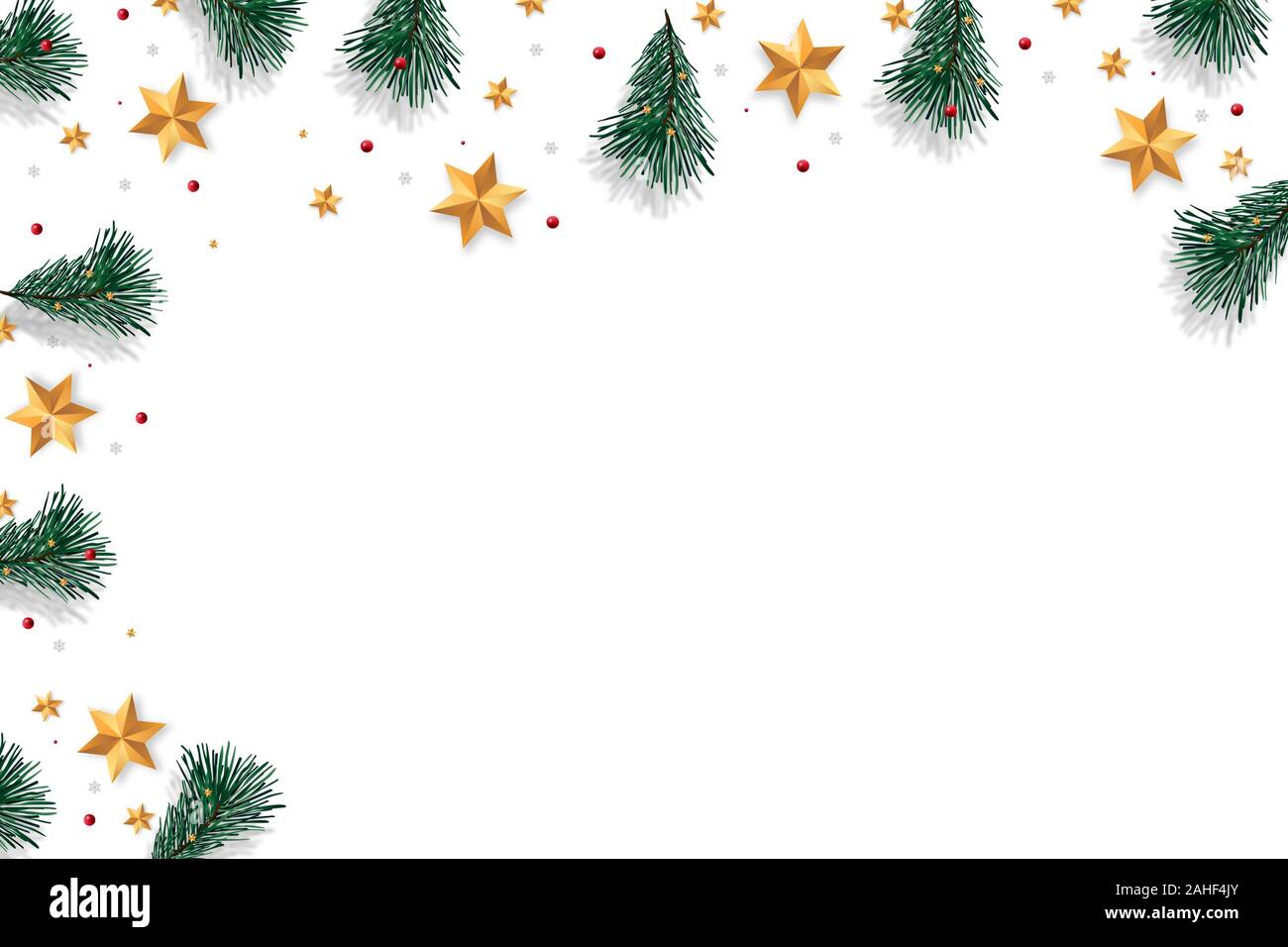 Merry Christmas on white background with tree branches decorated with ...