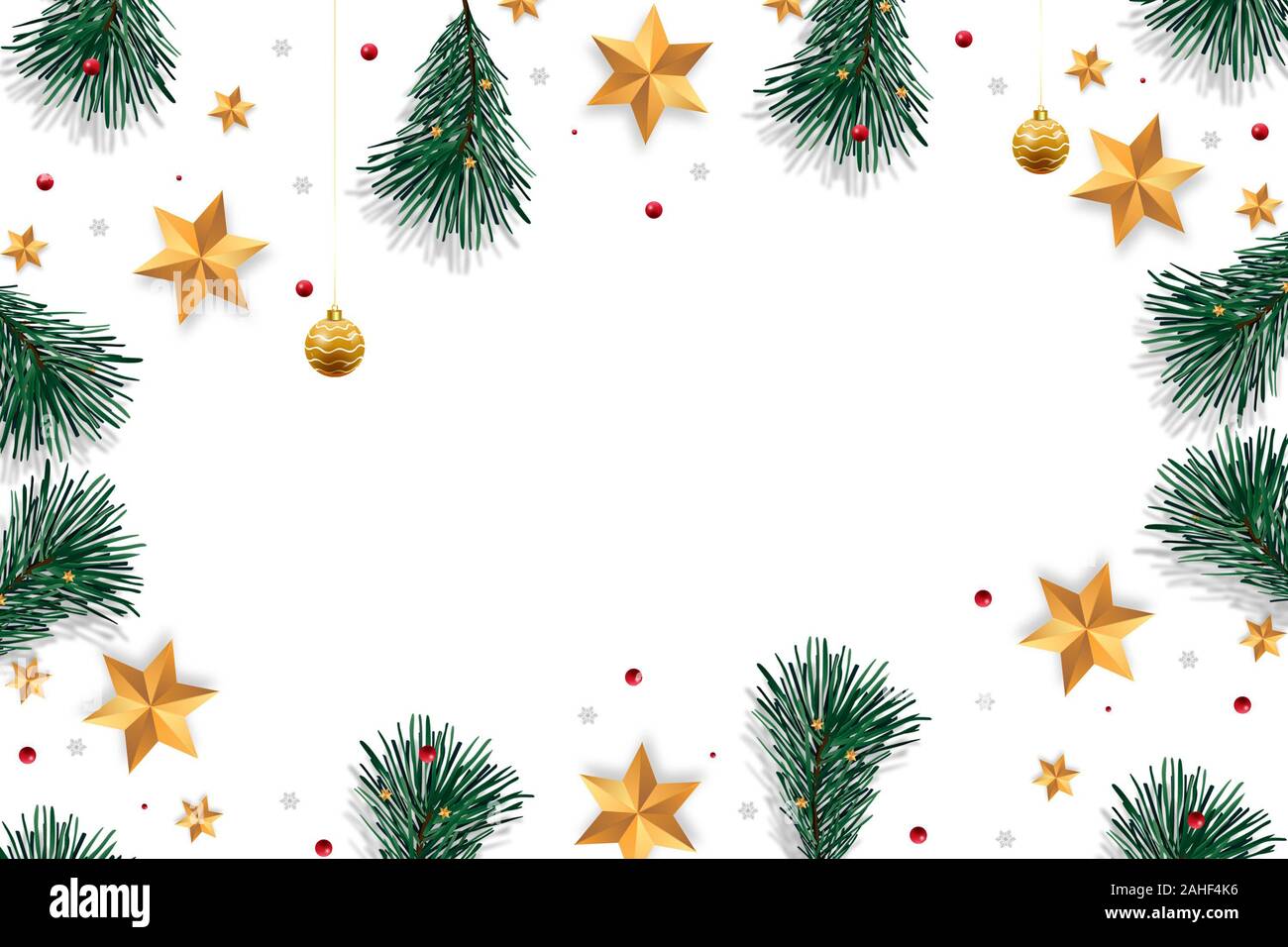 Merry Christmas on white background with tree branches decorated with ...