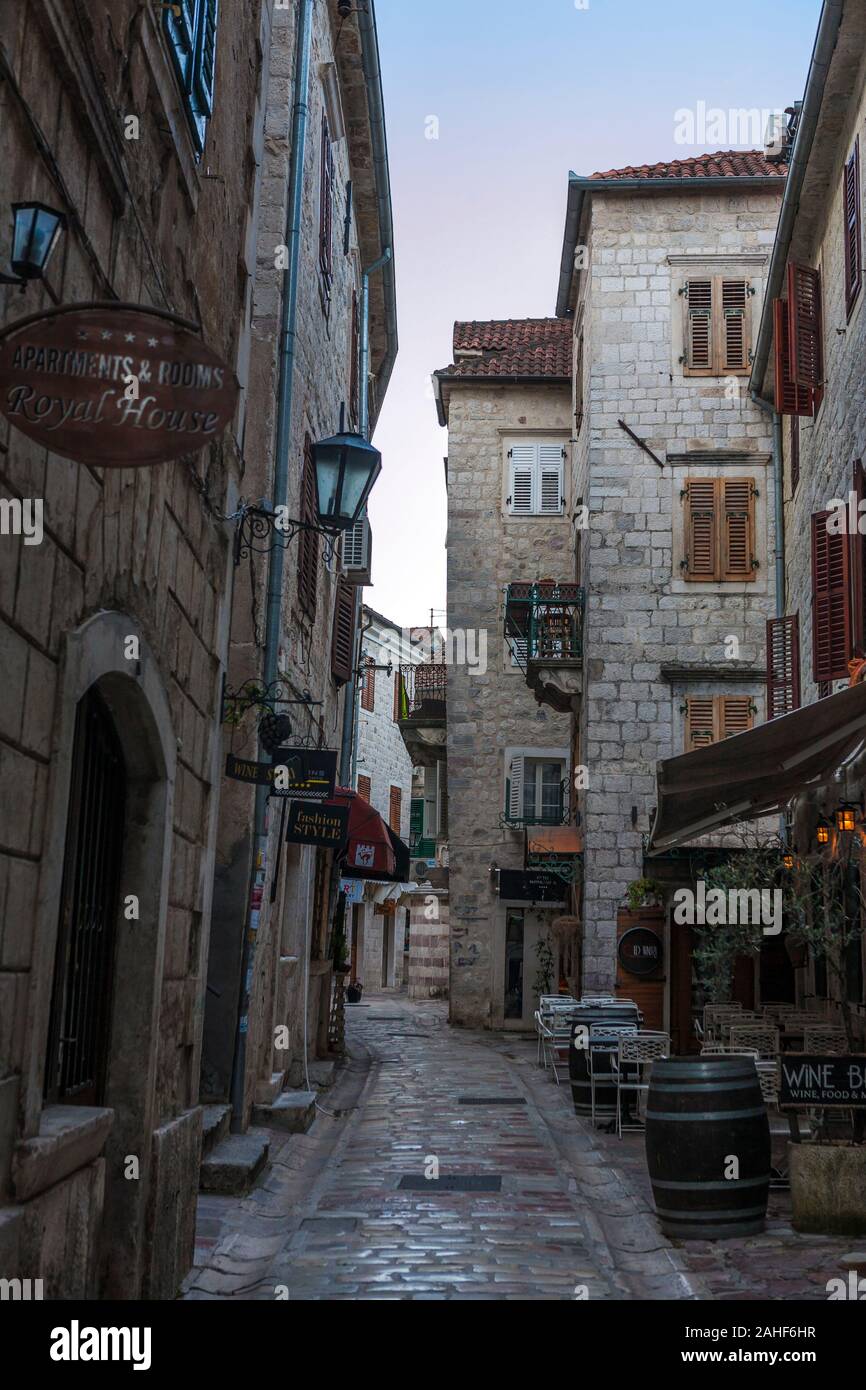 Early morning on an empty Zanatska ulica, Stari Grad, Kotor, Montenegro Stock Photo
