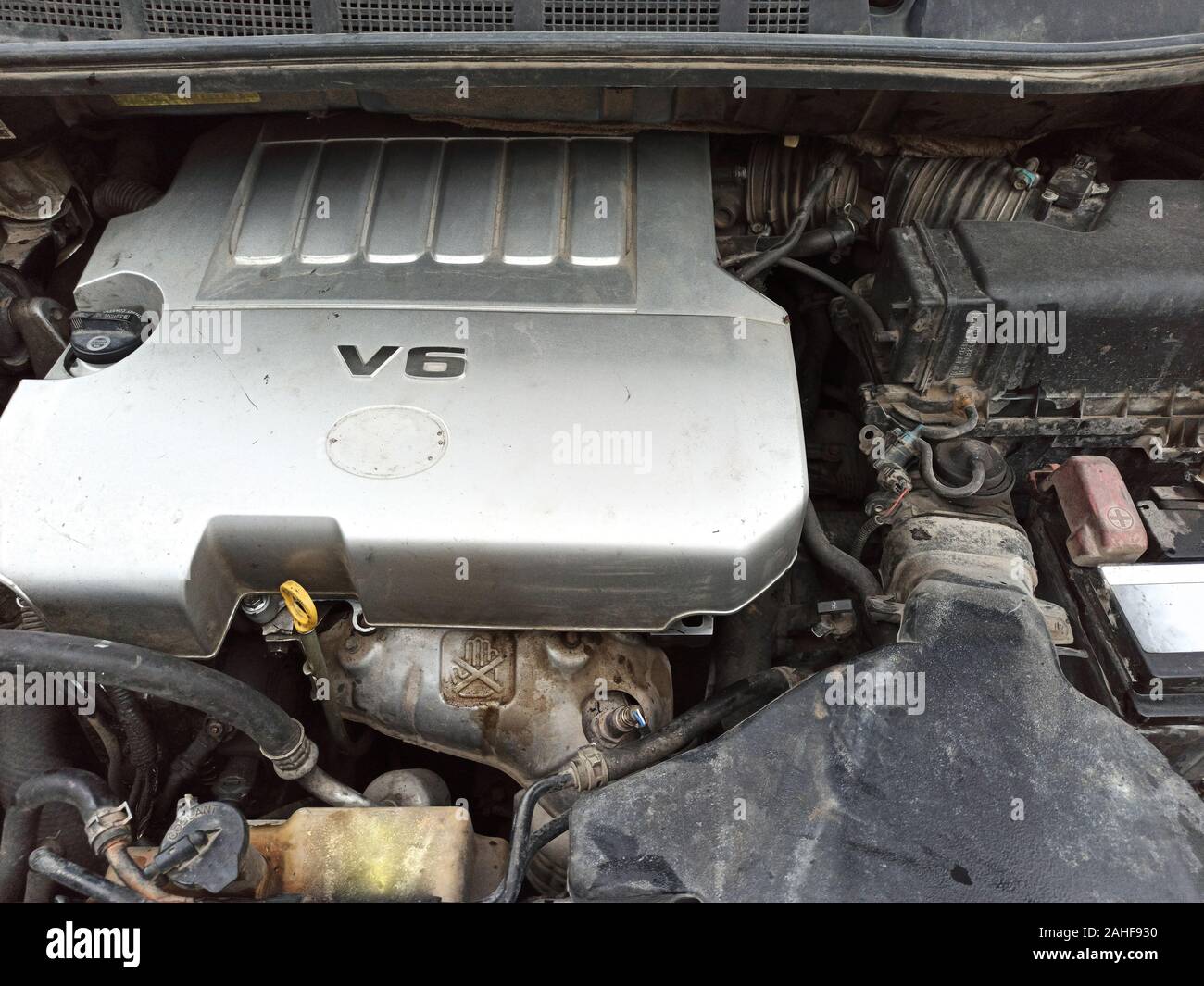 dirty broken engine in the engine compartment Stock Photo Alamy