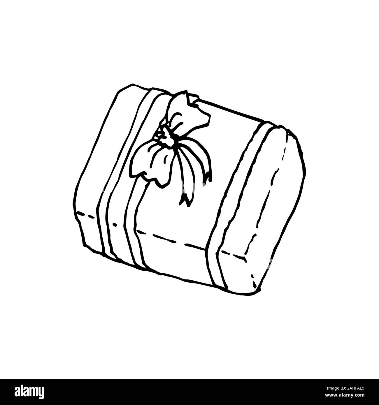 Presents box with a bow-knot. Black outline on white background. Picture can be used in christmas and new year greeting cards, posters, flyers, banners, logo etc. Vector illustration. EPS10 Stock Vector