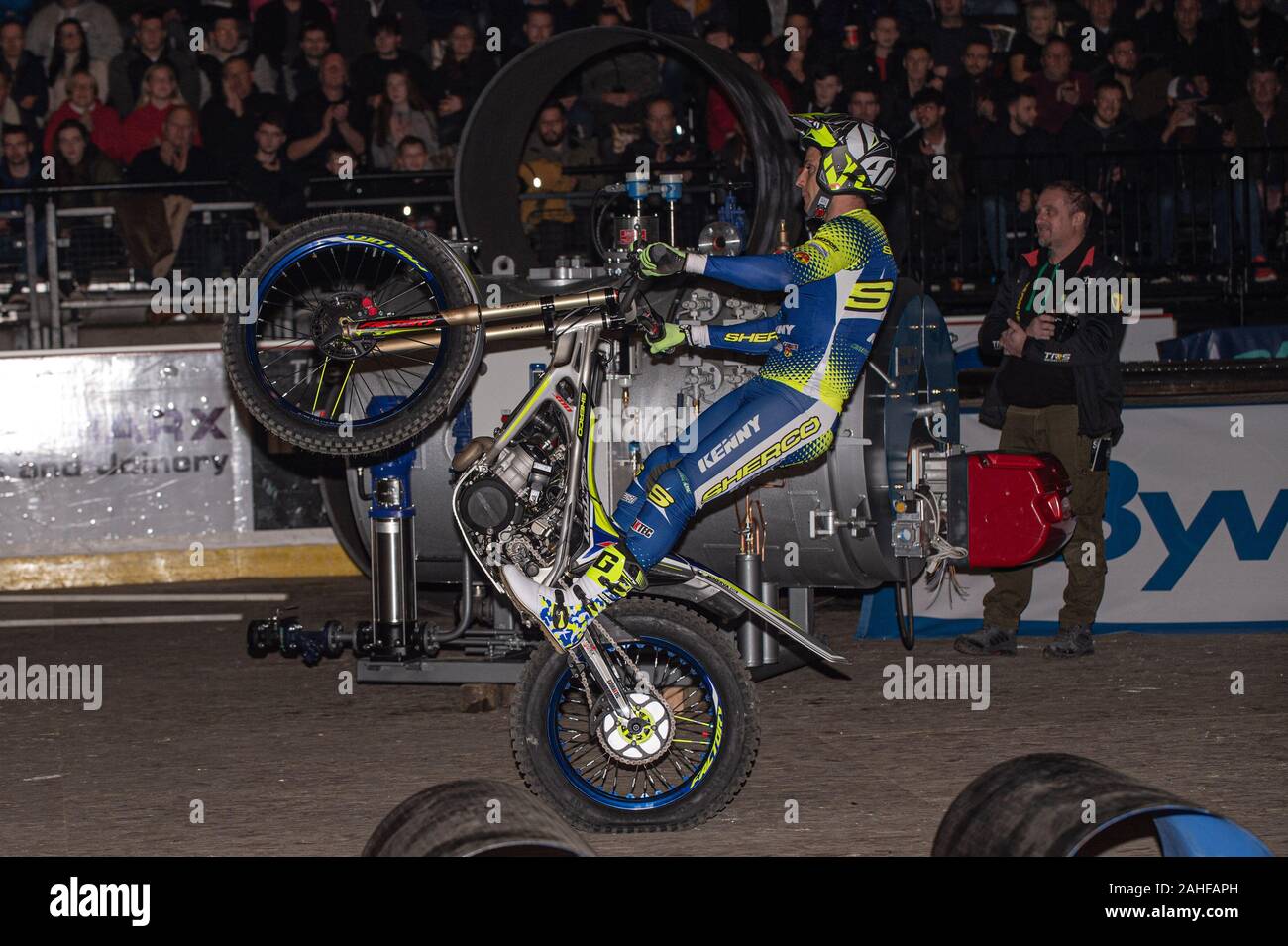 SHEFFIELD, ENGLAND - DECEMBER 28TH Jeroni Fajardo, Spain (Sherco) makes his entrance during the 25th Anniversary Sheffield Indoor Trial at the FlyDSA Arena, Sheffield on Saturday 28th December 2019. (Credit: Ian Charles | MI News) Credit: MI News & Sport /Alamy Live News Stock Photo