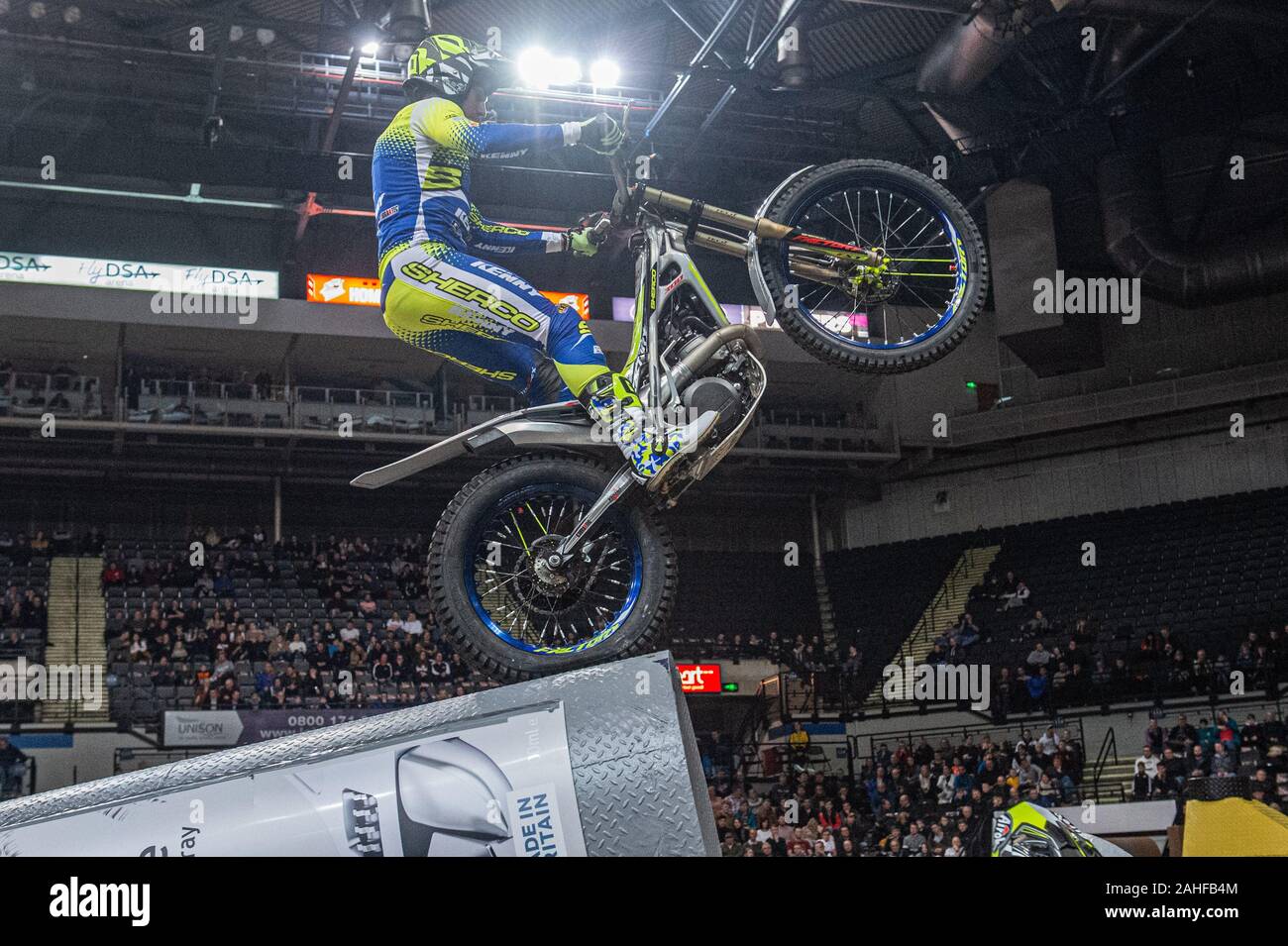 Sheffield, UK. 28th Dec, 2019. Sheffield, UK. Jeroni Fajardo, Spain (Sherco) on Section 3 during the 25th Anniversary Sheffield Indoor Trial at the FlyDSA Arena, Sheffield on Saturday 28th December 2019. (Credit: Ian Charles | MI News) Credit: MI News & Sport /Alamy Live News Stock Photo
