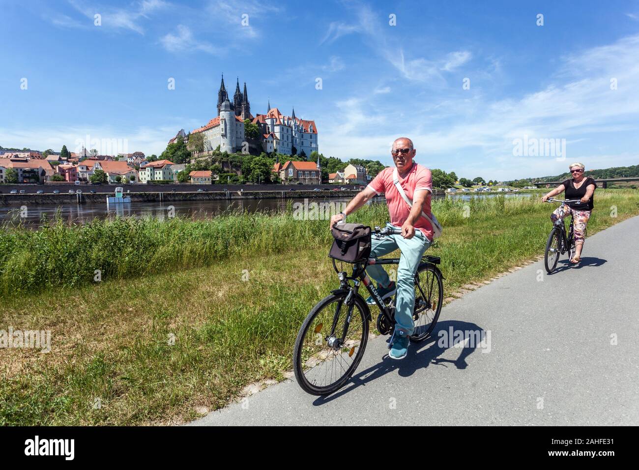 Meissen Germany People seniors ride bike along Elbe River bike Meissen