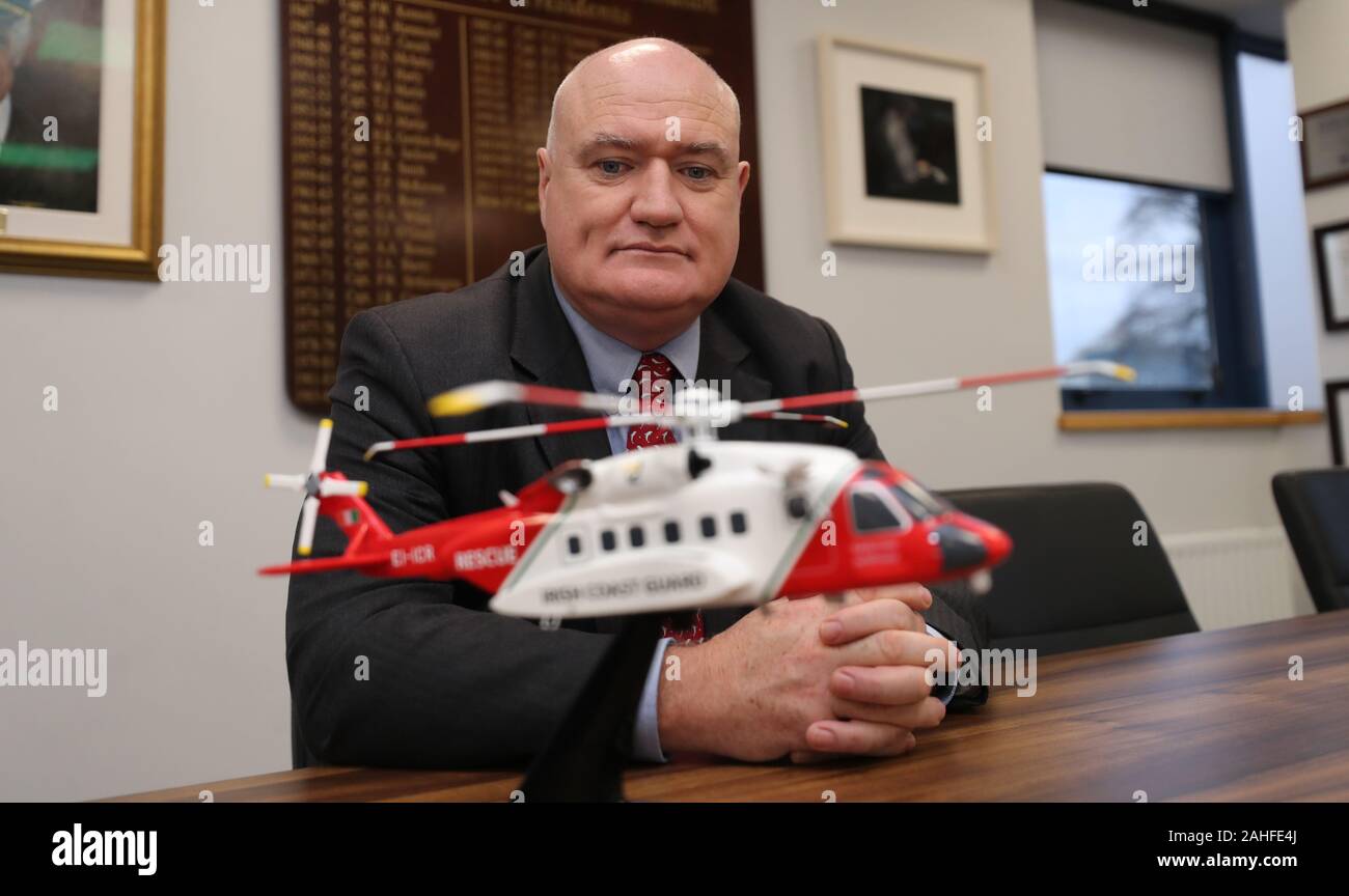 Captain Evan Cullen President Irish Air Line Pilots' Association with a model of a similar helicopter to the Irish Coast Guards Rescue 116 at his offices in Dublin. Stock Photo