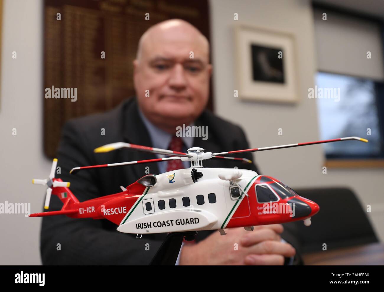 Captain Evan Cullen President Irish Air Line Pilots' Association with a model of a similar helicopter to the Irish Coast Guards Rescue 116 at his offices in Dublin. PA Photo. Issue date: Sunday December 29, 2019. Photo credit should read: Niall Carson/PA Wire Stock Photo