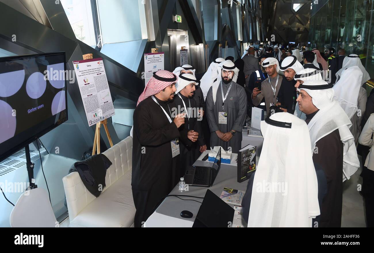 Kuwait City, Kuwait. 29th Dec, 2019. People visit an engineering design exhibition in Kuwait City, Kuwait, Dec. 29, 2019. The exhibition was held here Sunday, which features 107 graduation projects of Kuwaiti students, and aims to encourage students to search for scientific information and to document their achievements. Credit: Asad/Xinhua/Alamy Live News Stock Photo