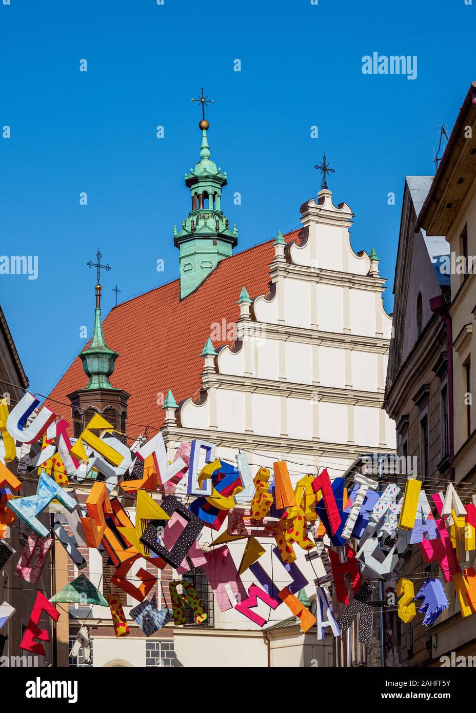 Art Instalation at the Old Town, Dominican Priory in the background, Lublin, Lublin Voivodeship, Poland Stock Photo
