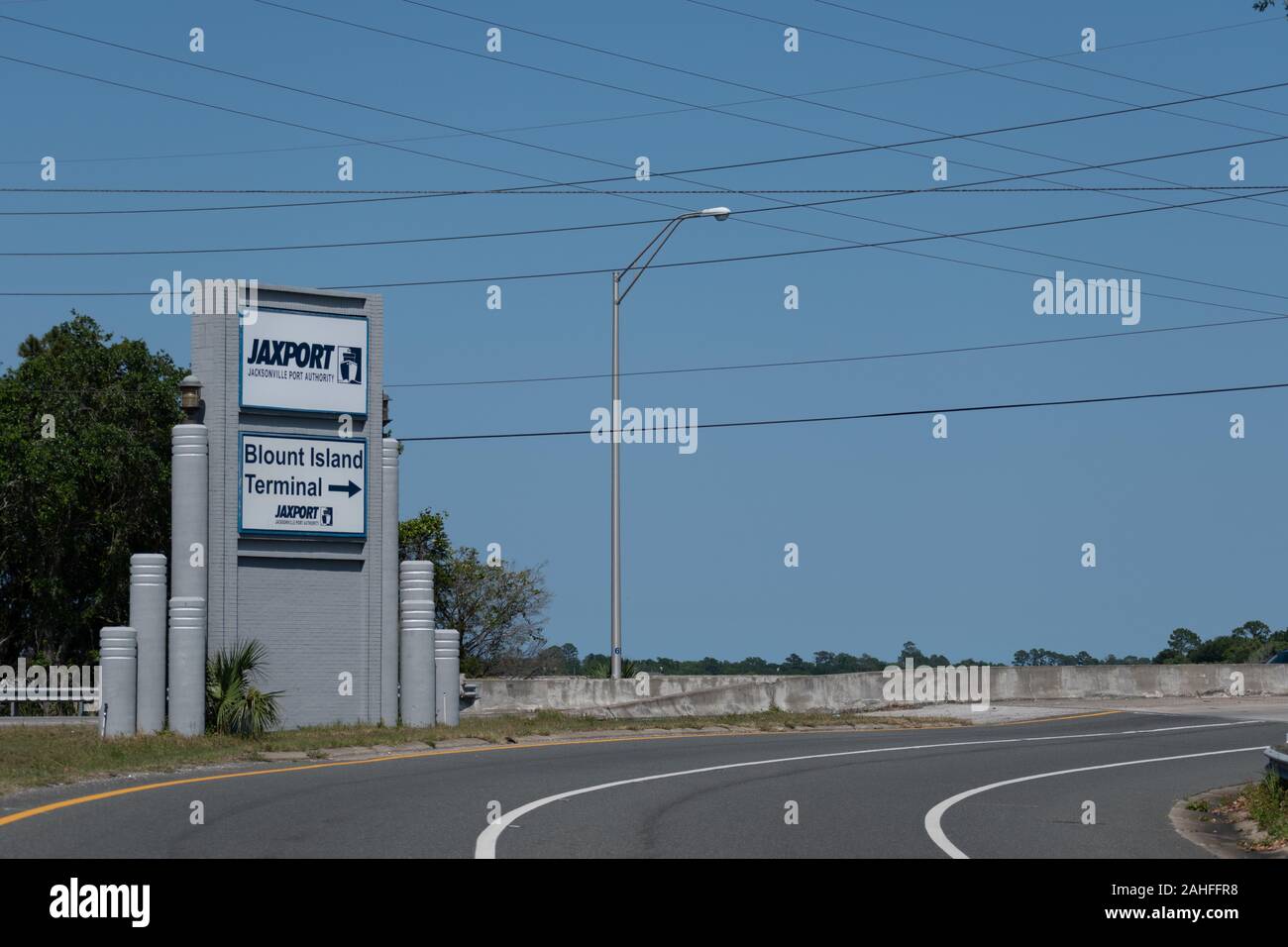JaxPort sign leading onto Blount Island in Jacksonville Florida. Stock Photo