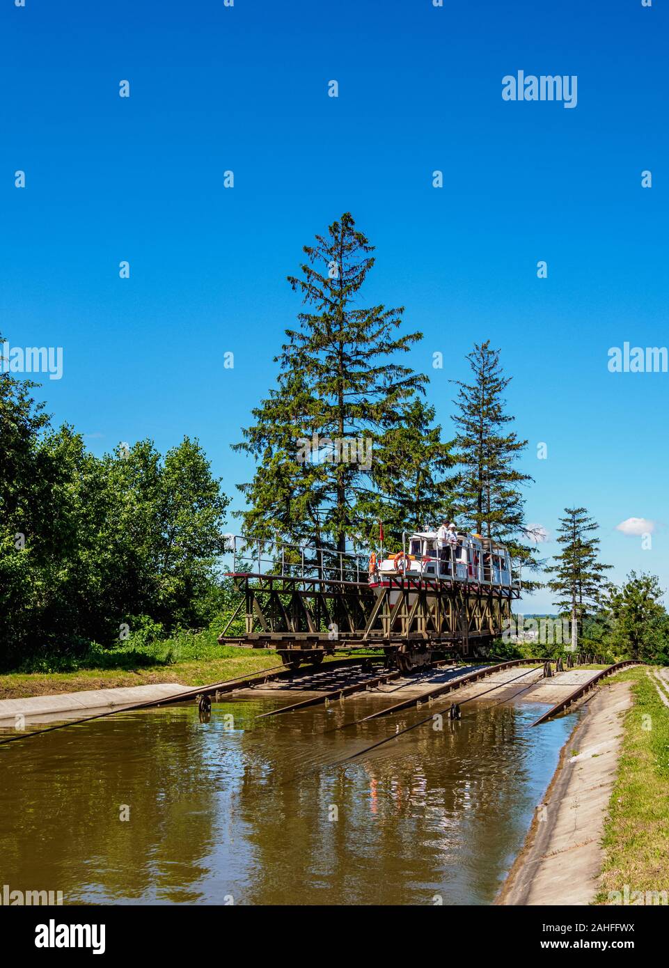 Tourist Boat in Cradle at Inclined Plane in Jelenie, Elblag Canal, Warmian-Masurian Voivodeship, Poland Stock Photo
