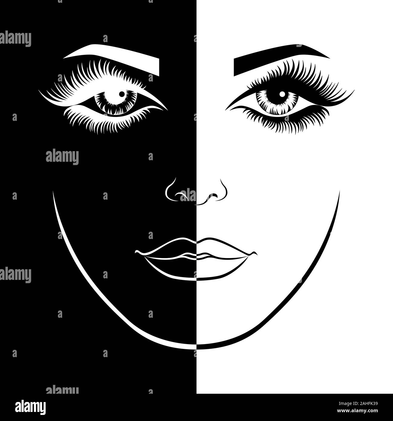 Abstract of charming woman's face in negative and positive space, black and white conceptual expression, hand drawing illustration Stock Vector