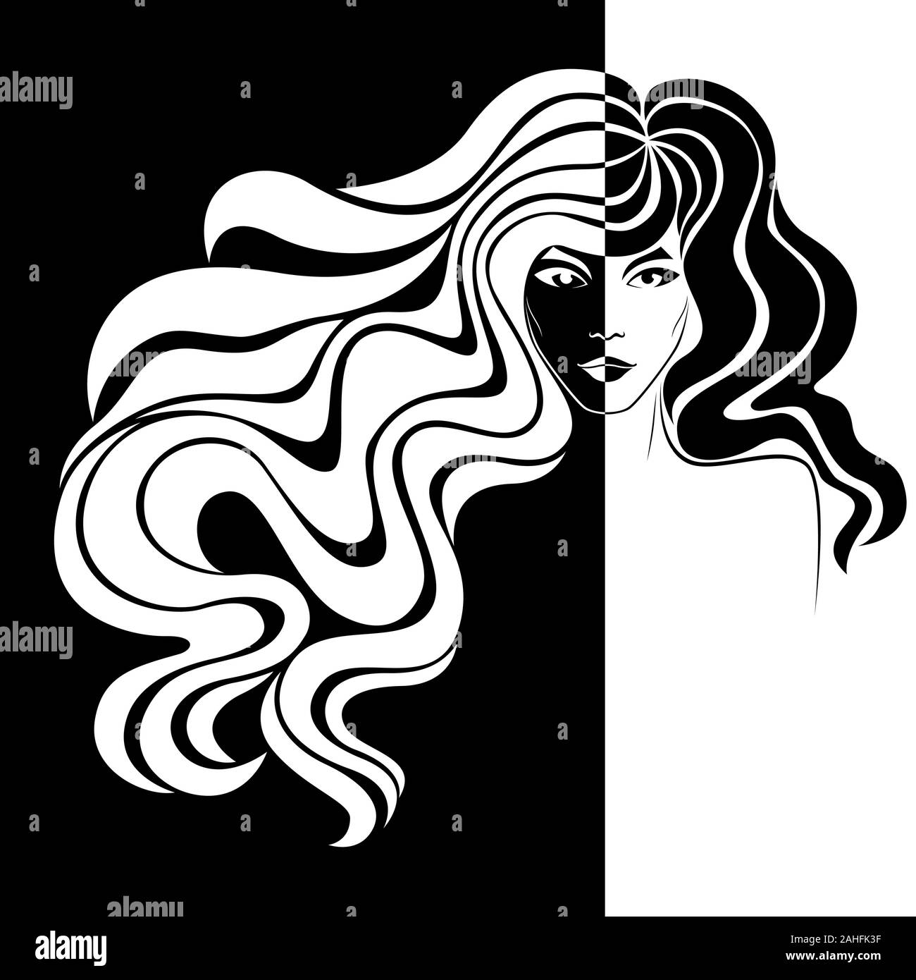 Abstract of beautiful woman's face in negative and positive space, hand drawing illustration, black and white conceptual expression Stock Vector