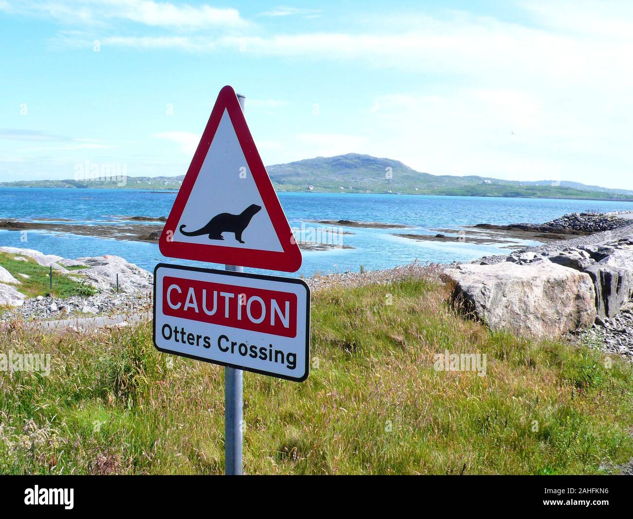 Otter warning sign Outer Hebrides Scotland Stock Photo