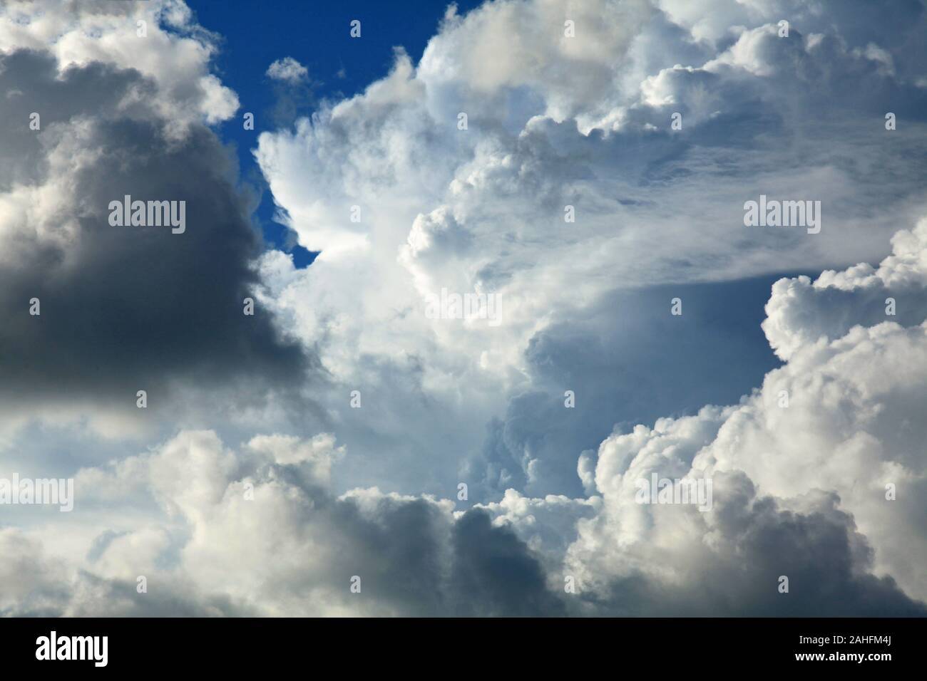 A huge cumulus and cumulonimbus clouds conglomeration on the blue sky background. The skies landscape in summer Stock Photo
