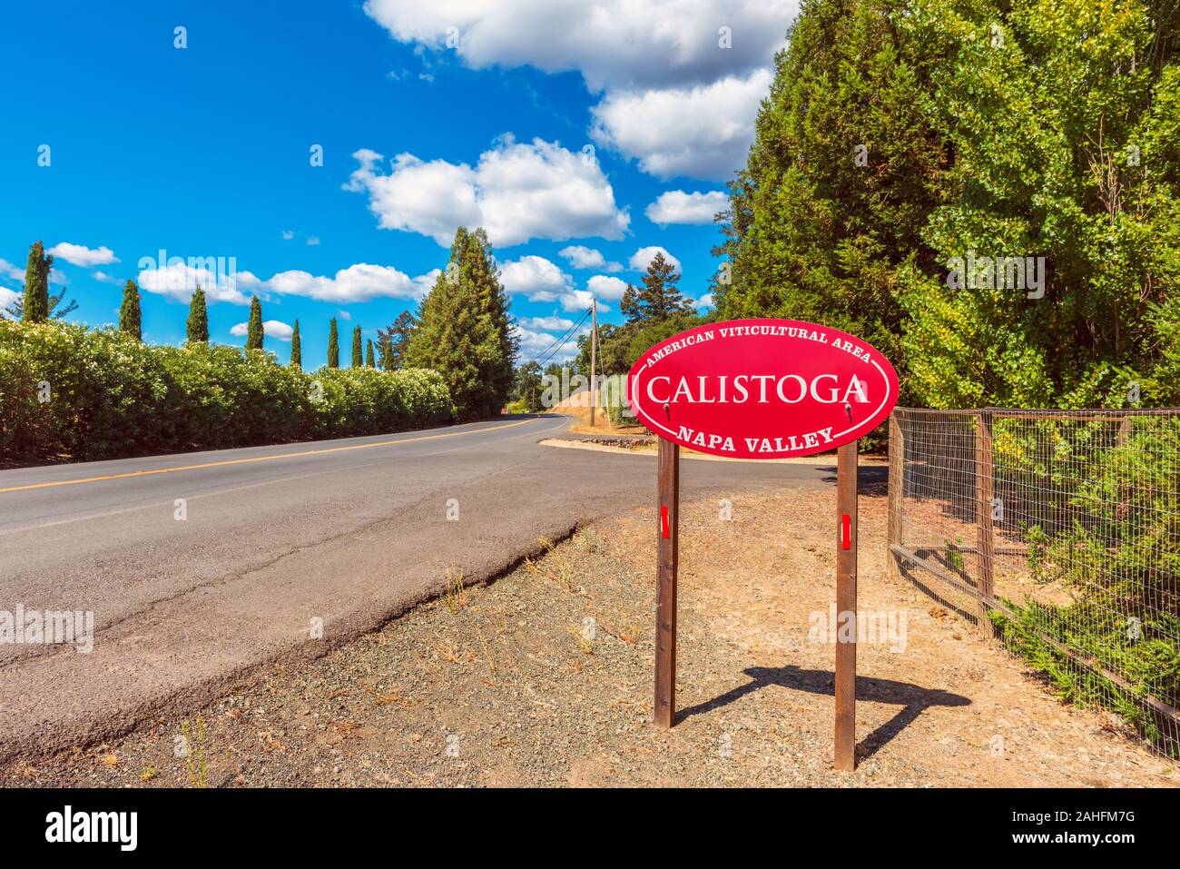Entrance Sign to Calistoga in Napa Valley, California, USA. Calistoga is a city located in the center of Napa County, California's Wine Country. Stock Photo