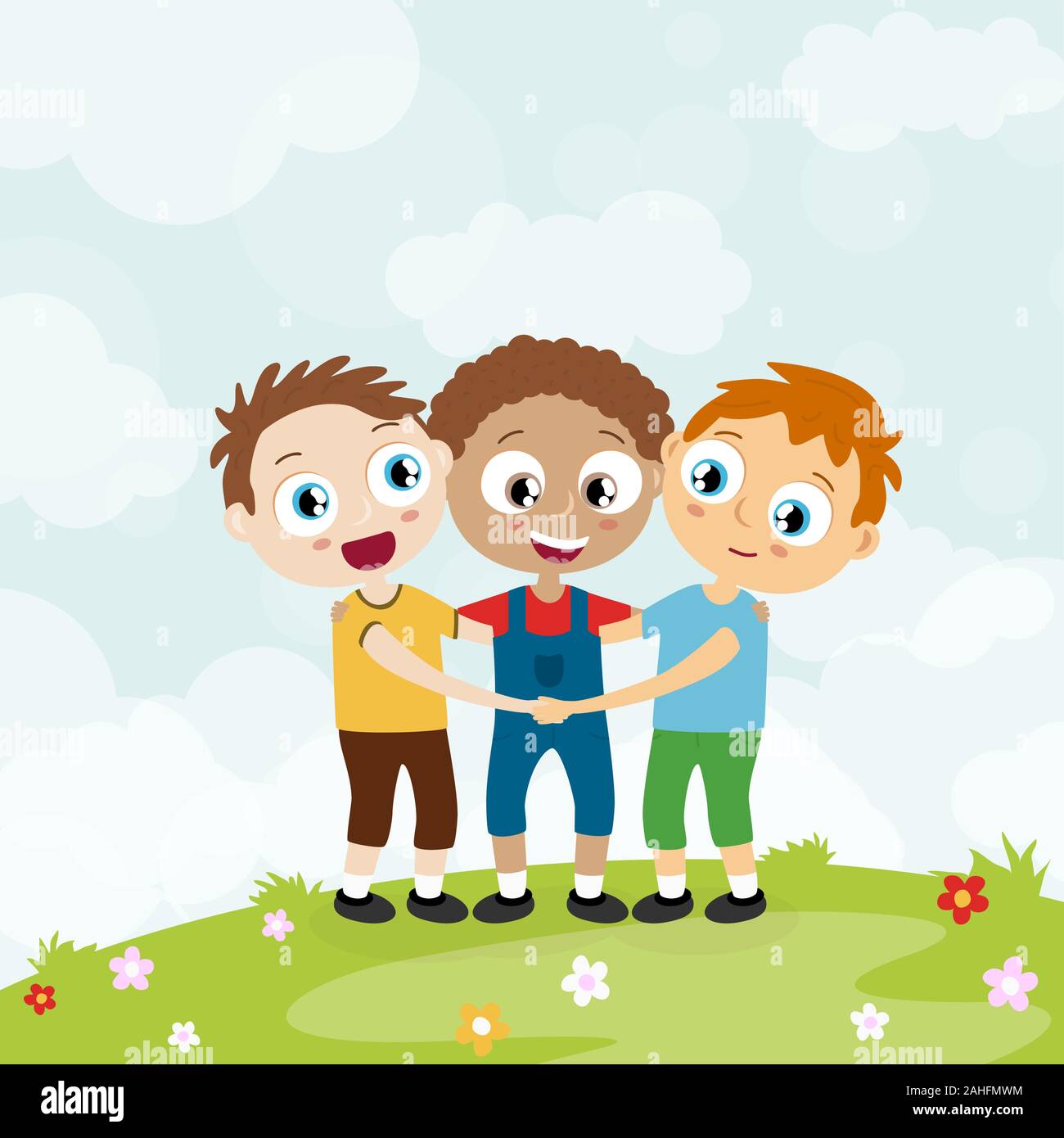 EPS10 vector file showing happy young boys with different skin colors, laughing, hug each other and having fun together with summer background Stock Vector
