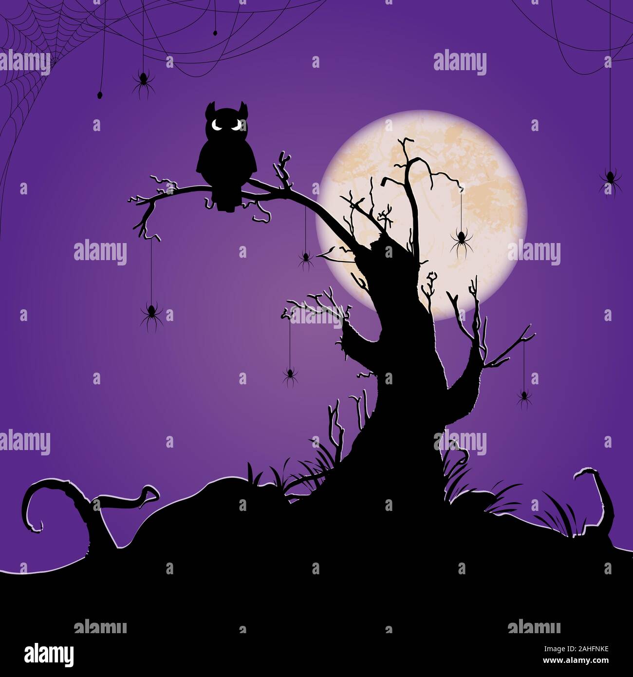 spooky dark owl sitting on a dead tree in front of a full moon with other scary illustrated elements for Halloween background layouts Stock Vector