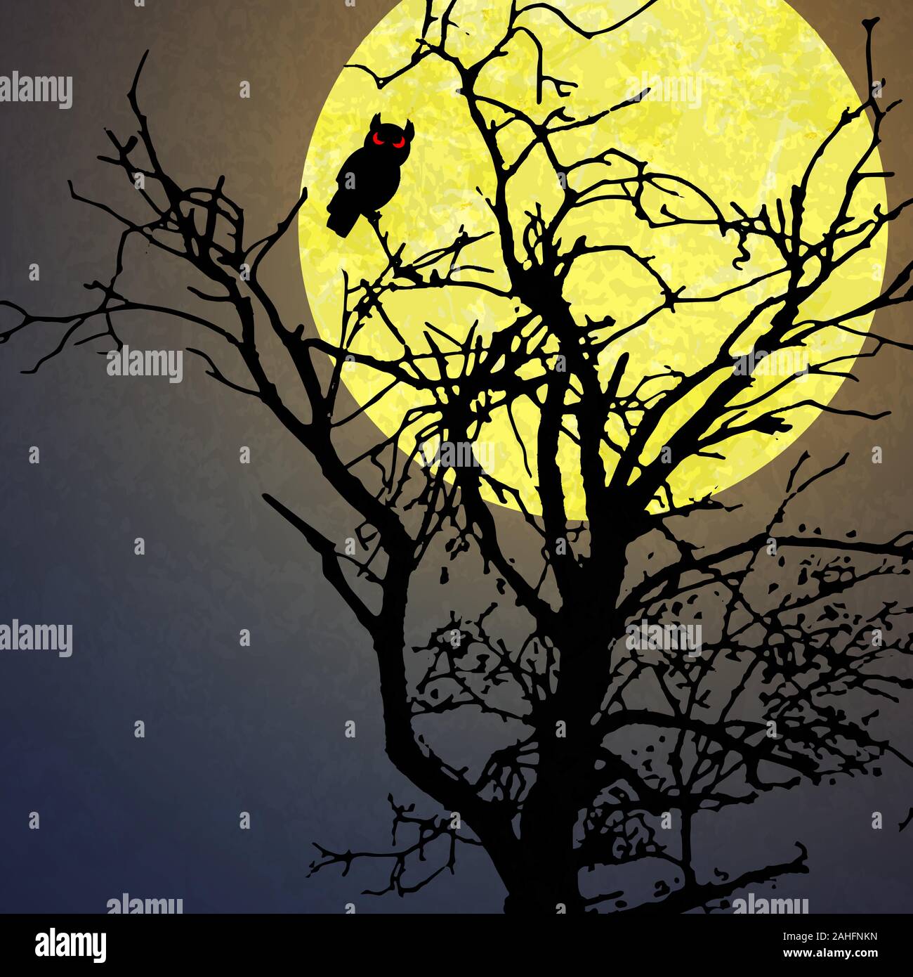 halloween background with a owl sitting in a dead tree in front of an yellow full moon Stock Vector