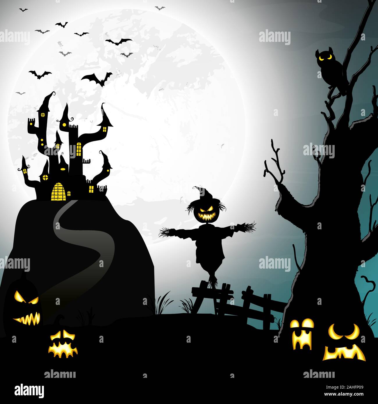 spooky halloween castle on a hill in front of an white full moon with bats, some scary pumpkins and an scarecrow Stock Vector