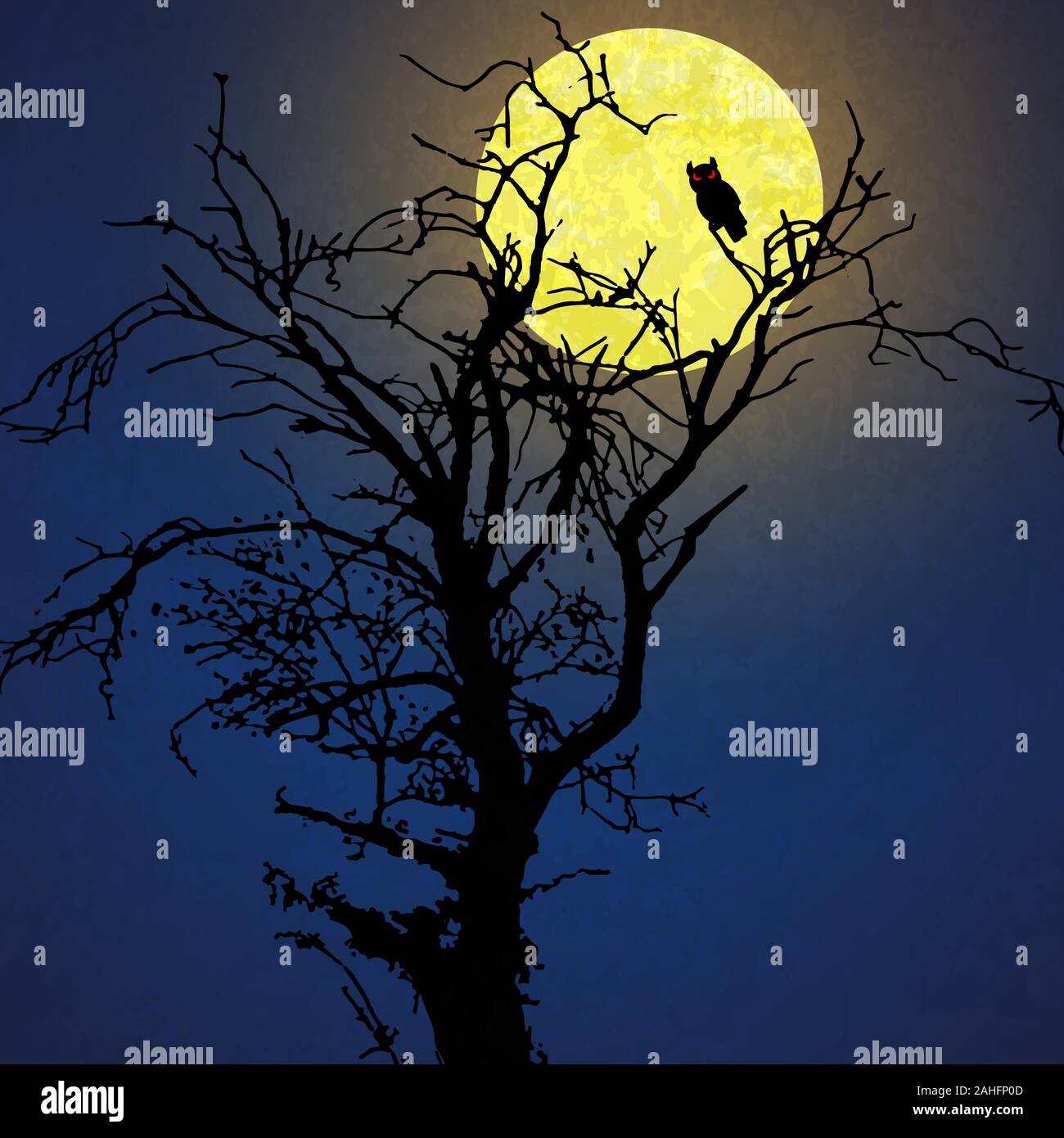 halloween background with a owl sitting in a dead tree in front of an yellow full moon Stock Vector