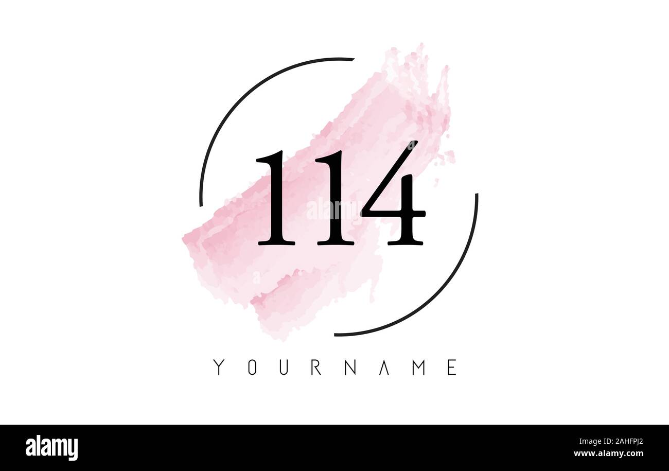 Number 114 Watercolor Stroke Logo with Circular Shape and Pastel Pink Brush Vector Design Stock Vector