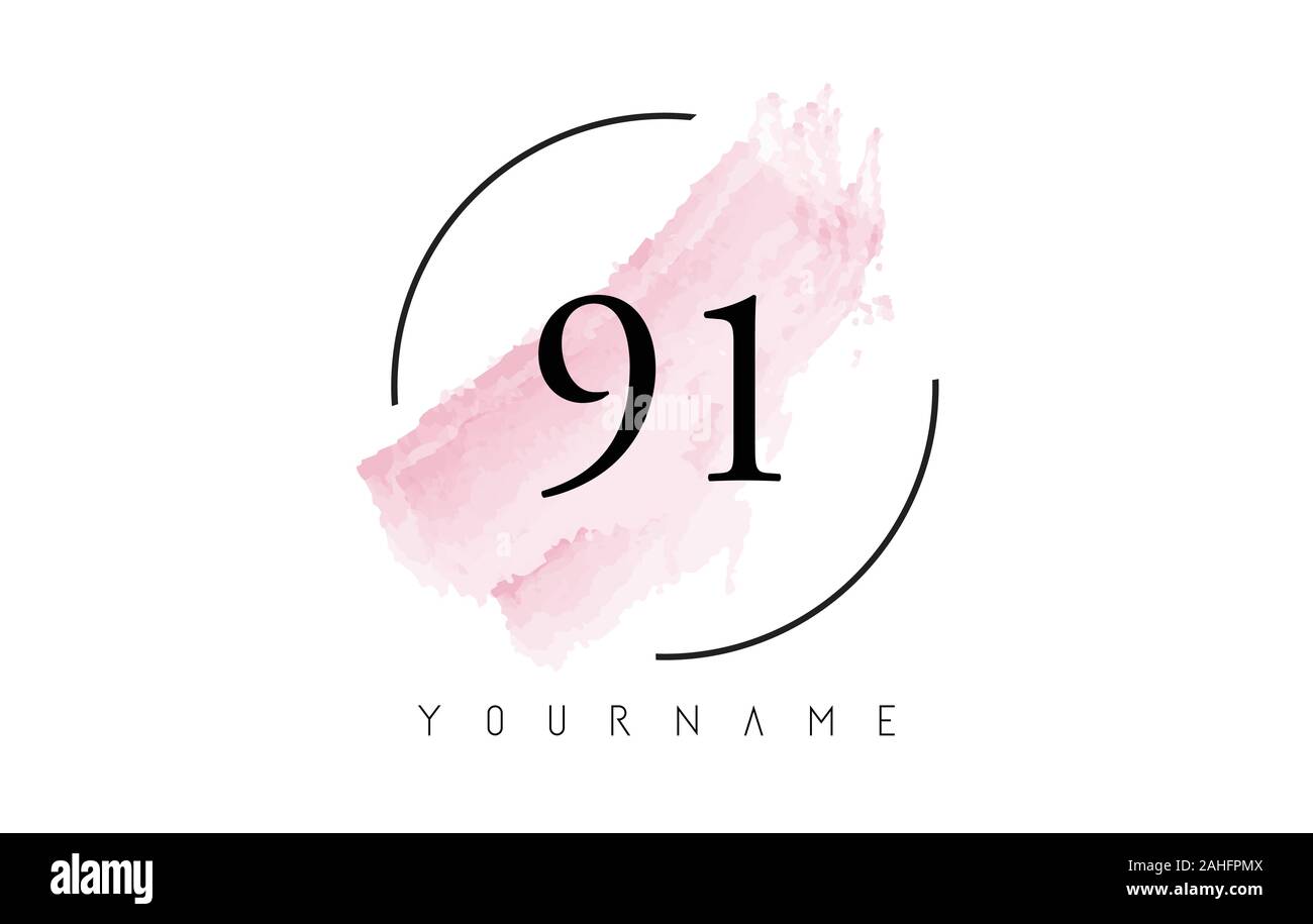 Number 91 Watercolor Stroke Logo with Circular Shape and Pastel Pink Brush Vector Design Stock Vector