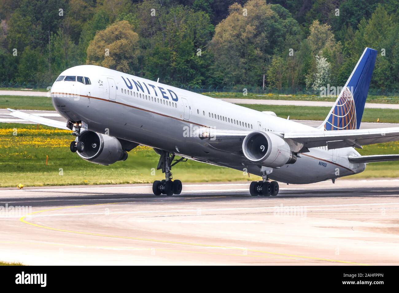 Zurich, Switzerland - April 28, 2018: United Airlines Boeing 767 airplane at Zurich airport (ZRH) in Switzerland. Boeing is an aircraft manufacturer b Stock Photo