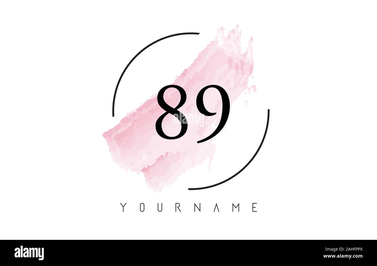 Number 89 Watercolor Stroke Logo with Circular Shape and Pastel Pink Brush Vector Design Stock Vector
