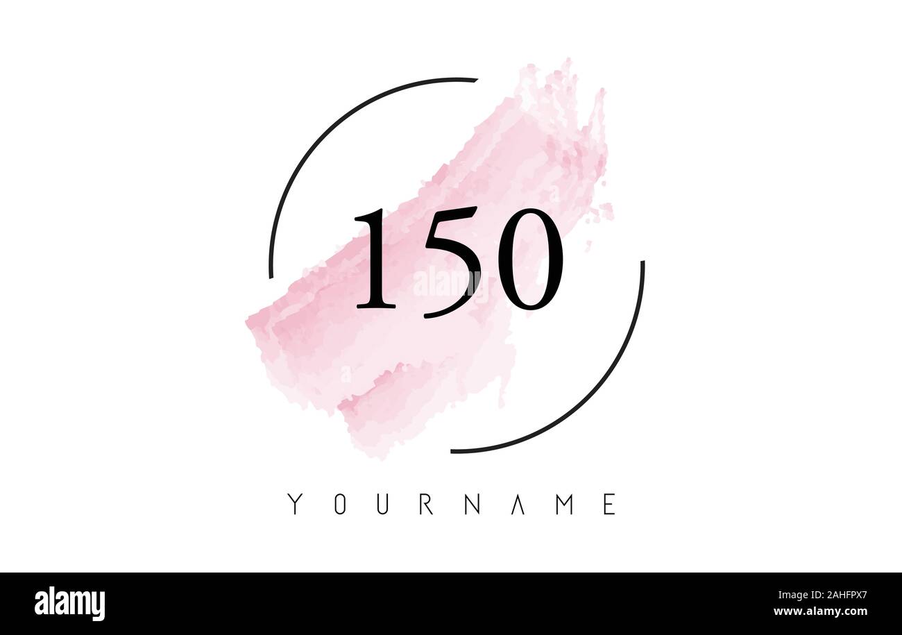 Number 150 Watercolor Stroke Logo with Circular Shape and Pastel Pink Brush Vector Design Stock Vector