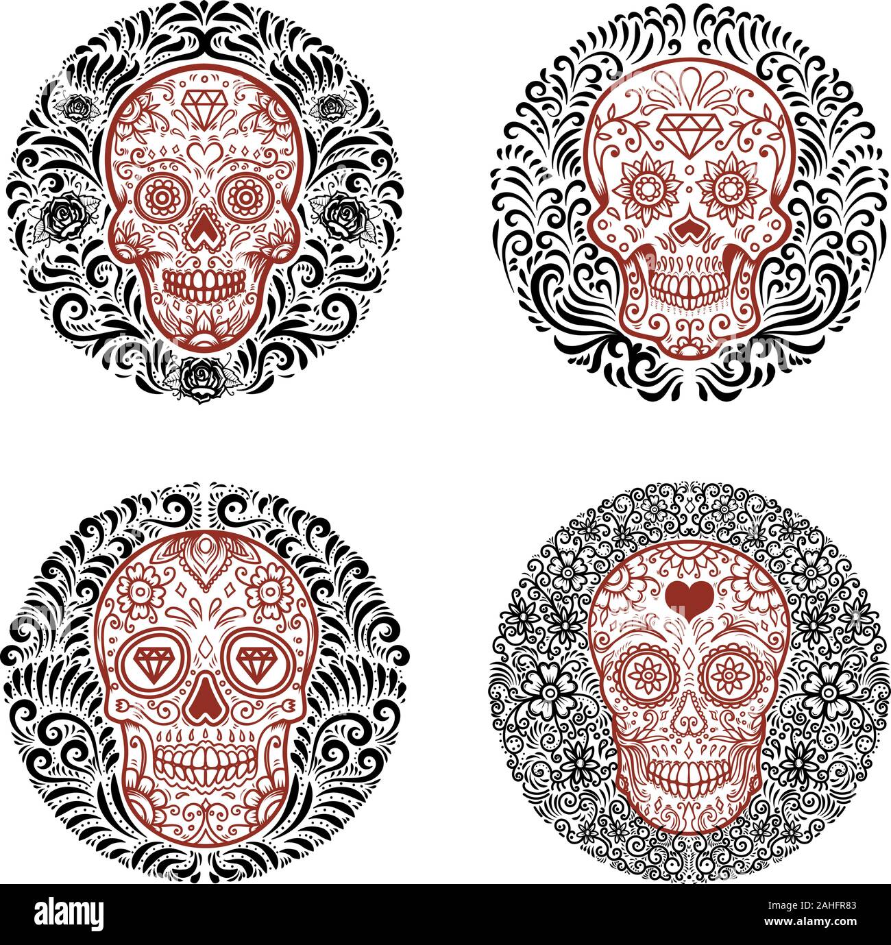 Set of emblems with sugar skulls with floral border. Design element for poster, card, emblem, sign. Vector illustration Stock Vector