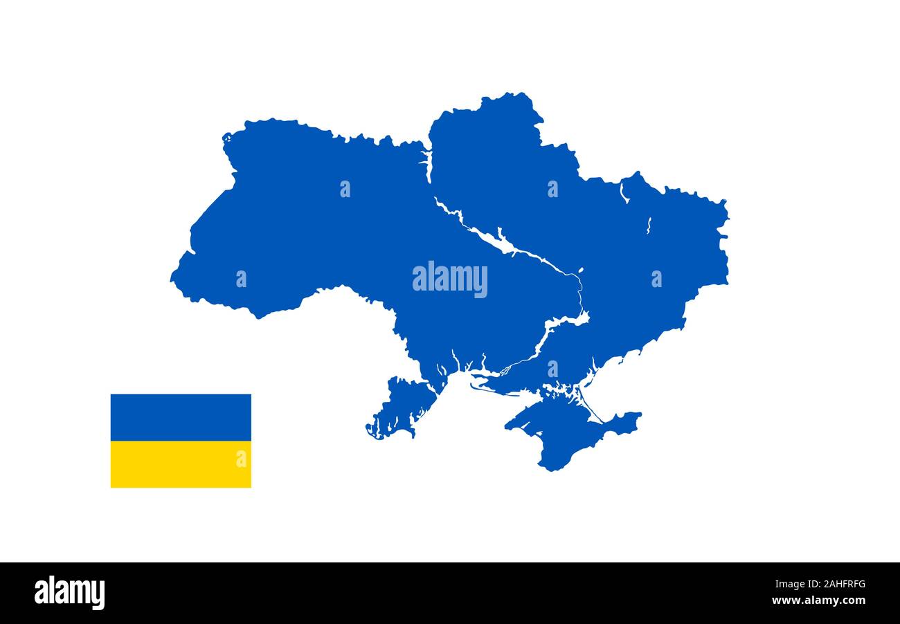 Flag and map of Ukraine with ponds. Blue silhouette on a white background. Stock Vector
