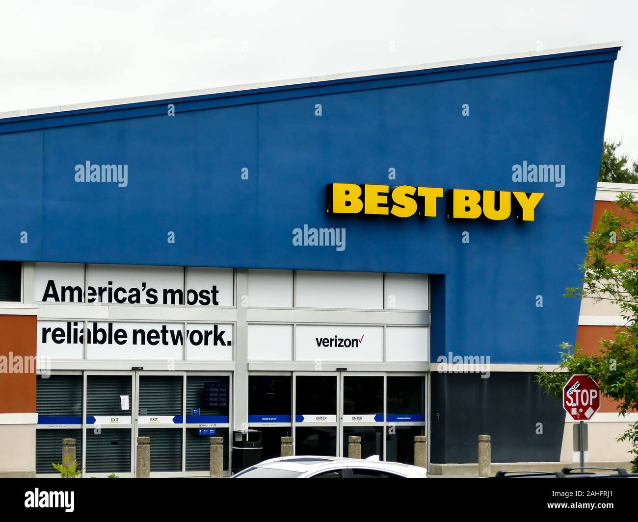 NORWALK, CT, USA - JUNE 9, 2019: Best Buy electronic retailer store store sign  on store facade on Connecticut Ave. Stock Photo