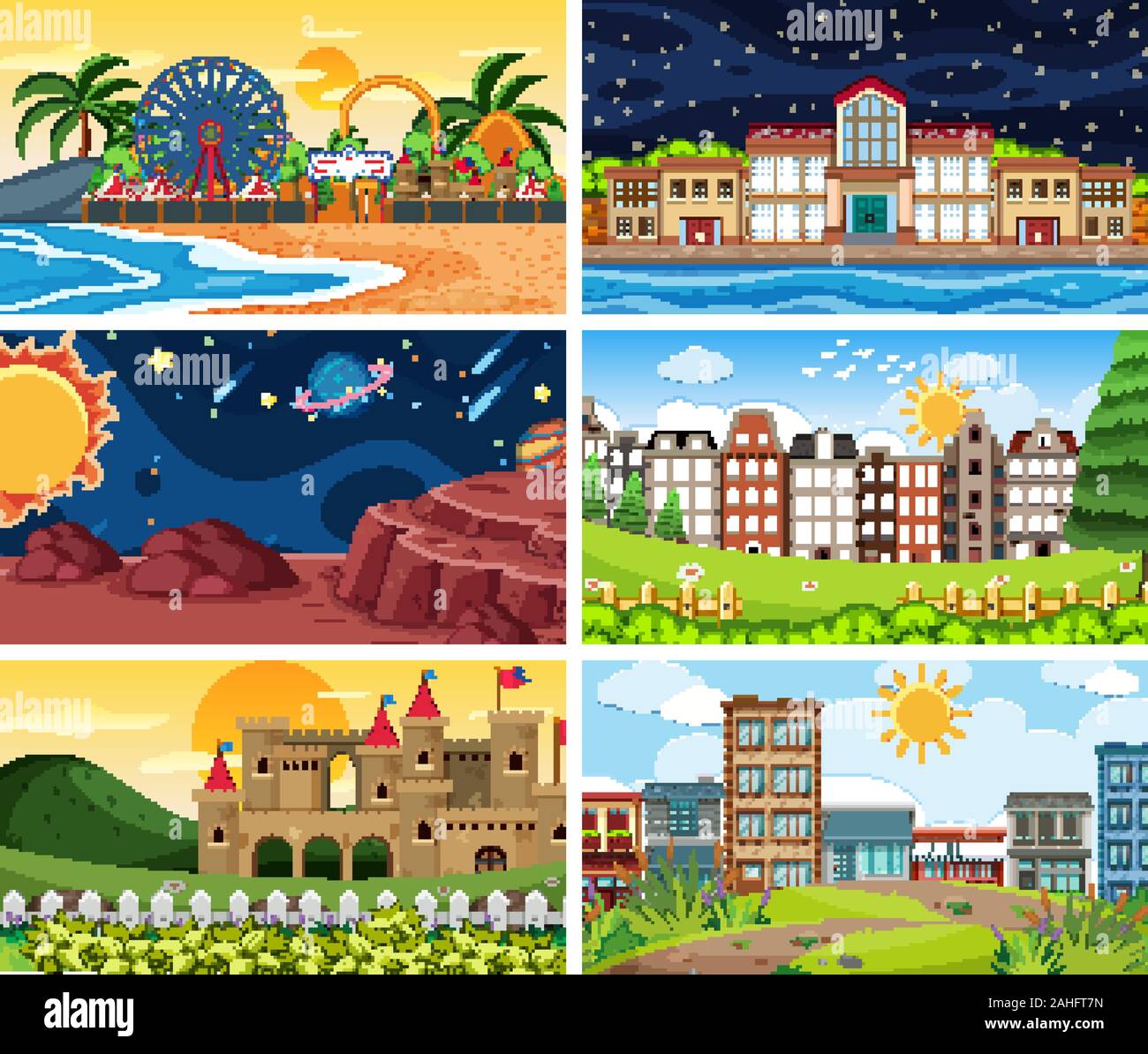 A set of outdoor scene including building illustration Stock Vector ...